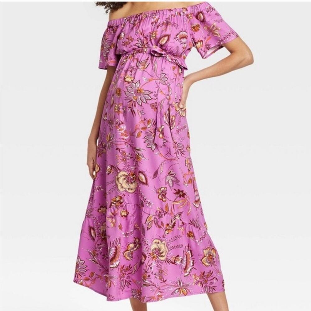 Isabel Maternity Off Shoulder Maxi Dress Elbow Sleeve Maternity Size: XL